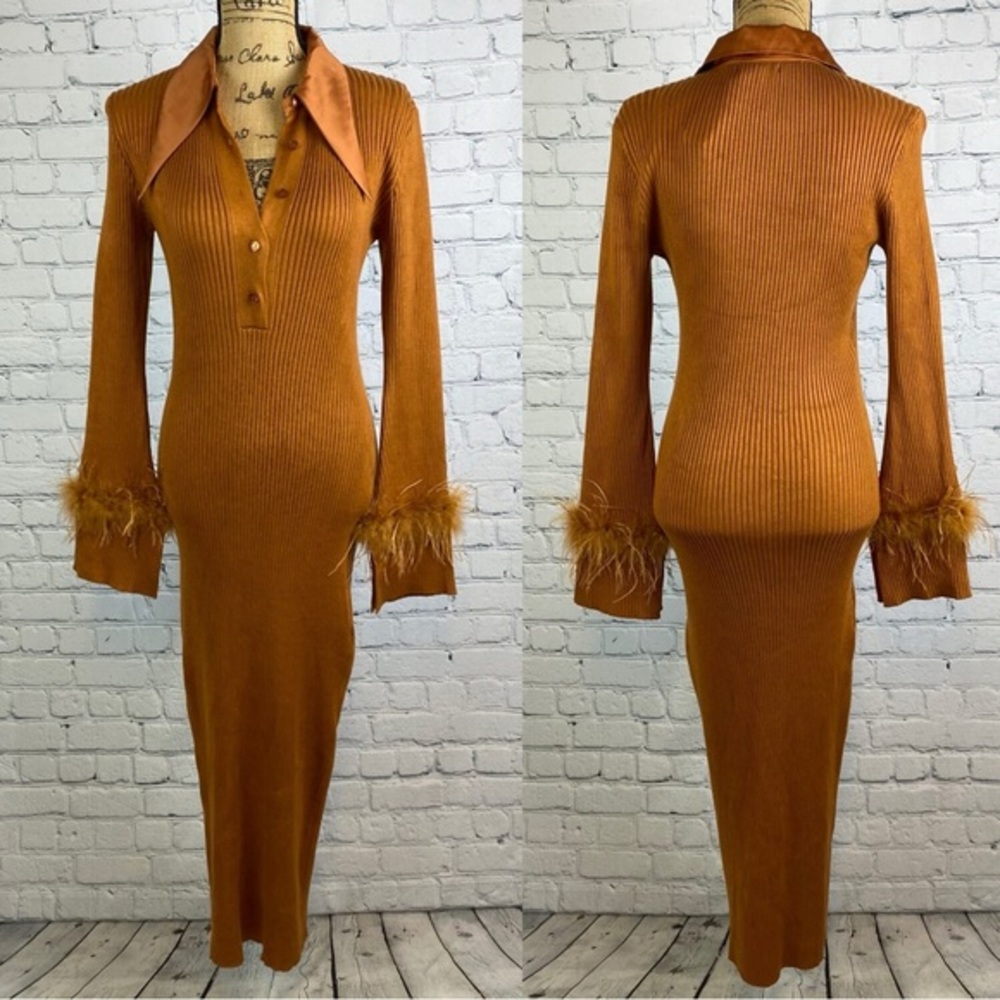Fashion Nova Rust Ribbed Knit Satin Collar Feather Trim Midi Dress